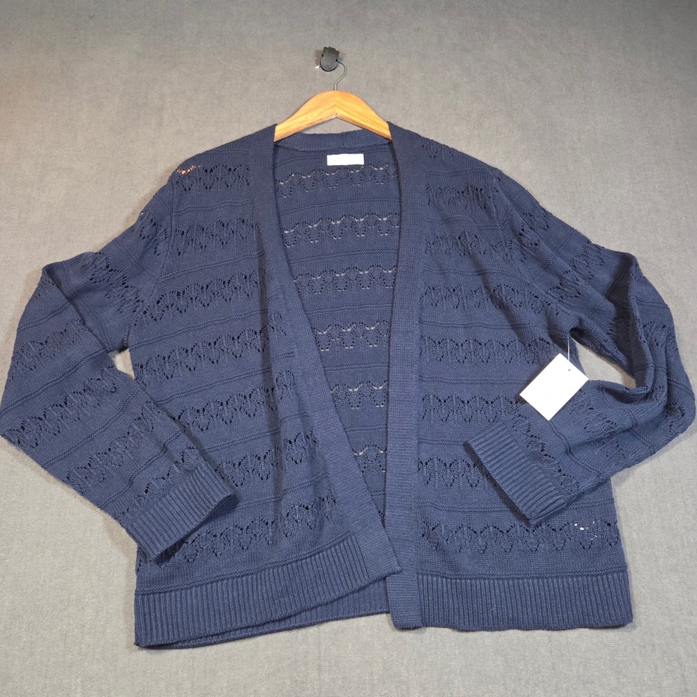 Croft & Barrow Open Front Cardigan Womens L Navy Blue Pointelle Knit Sweater